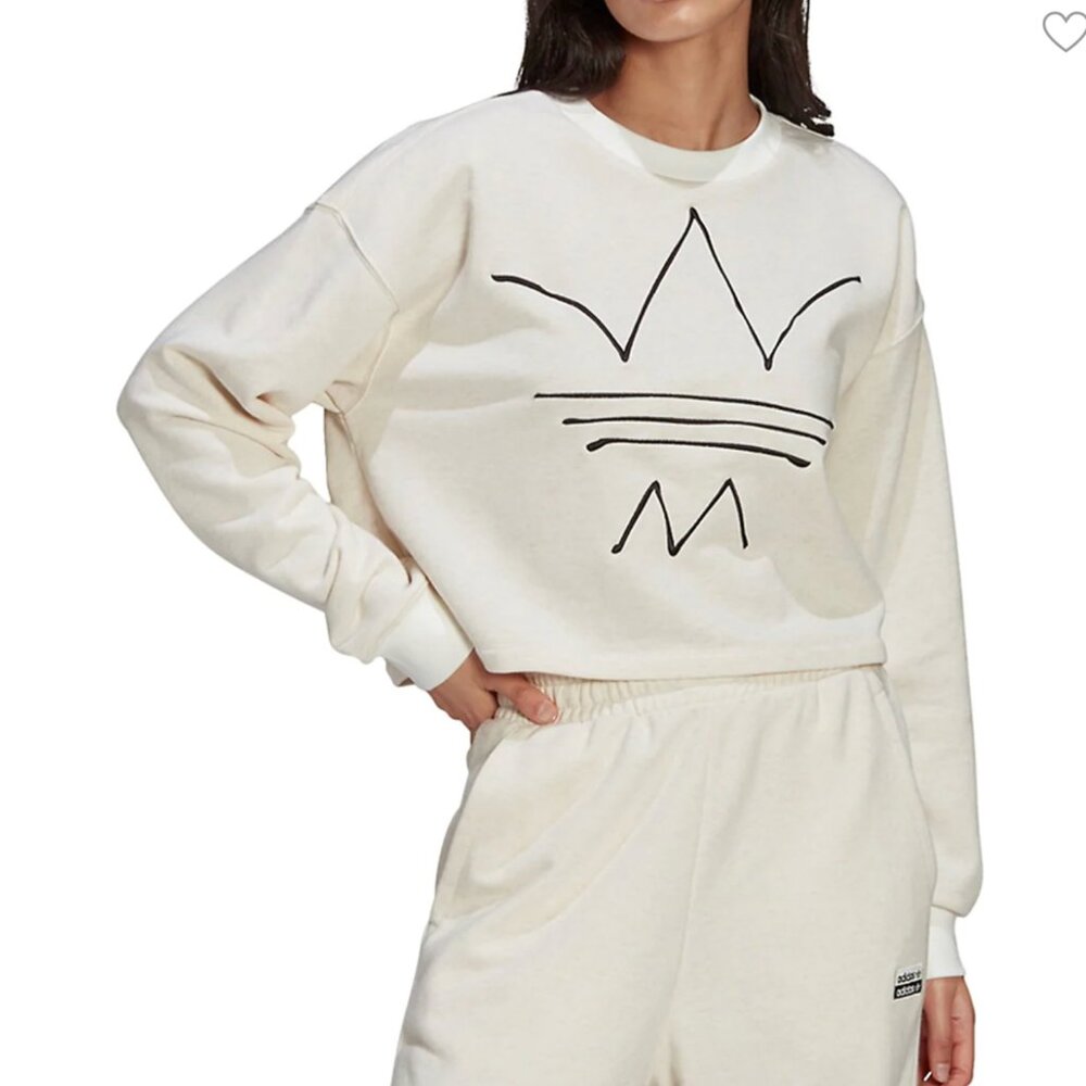 White adidas crew neck crop with big logo cream -size M